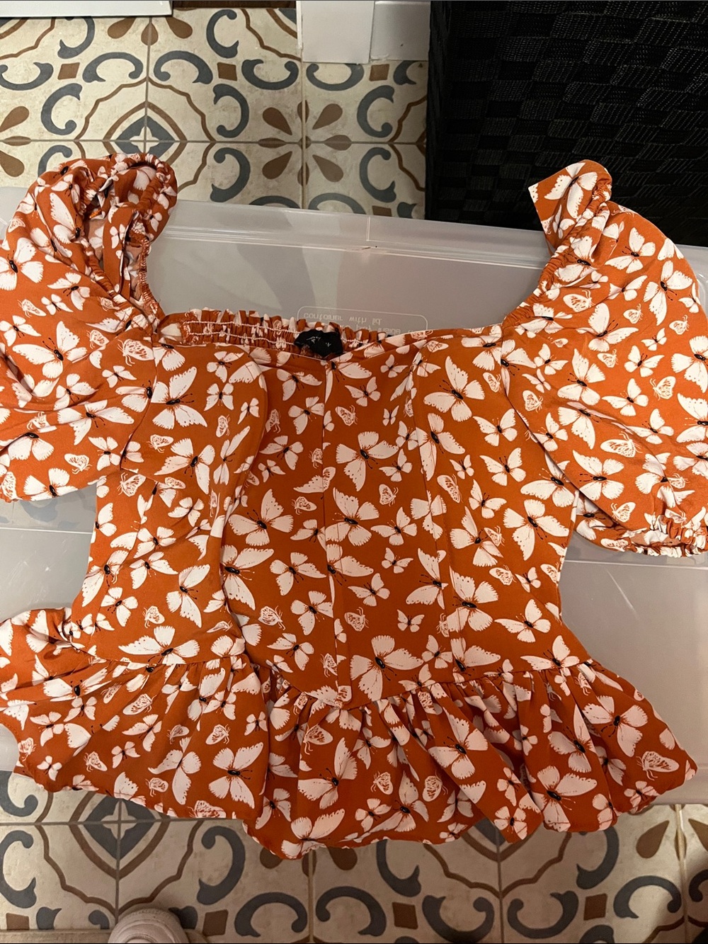 Rust Butterfly Print Puff Sleeve Top - Unknown Brand